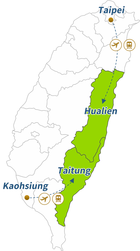 Map of East Taiwan, marking Taoyuan Airport, Songshan Airport, Hualien Airport and Kaohsiung Siaogang Airport, and the locations of Hualien and Taitung