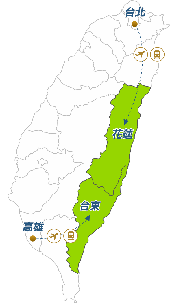 台湾東部の地図。桃園空港・松山空港・花蓮空港・高雄小港空港、および花蓮・台東の位置を表示